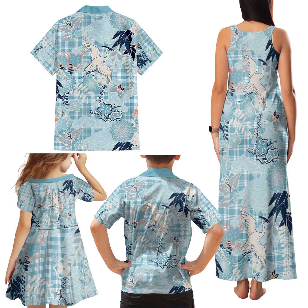 Blue Palaka Crane and Flowers Family Matching Tank Maxi Dress and Hawaiian Shirt Japan Heritage Spirit - Polynesian Pride