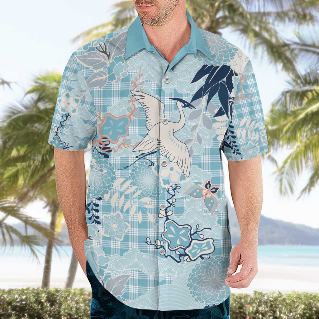 Blue Palaka Crane and Flowers Hawaiian Shirt Japan Heritage Spirit - Polynesian Pride