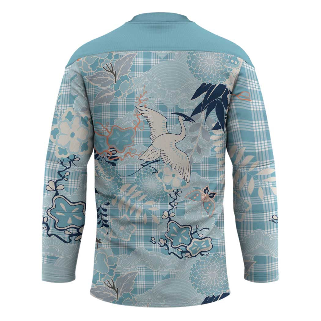 Blue Palaka Crane and Flowers Hockey Jersey Japan Heritage Spirit - Polynesian Pride