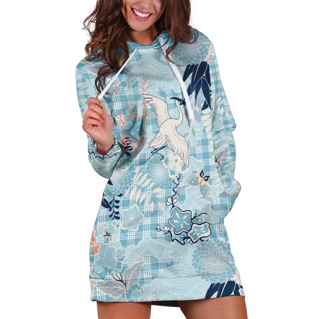Blue Palaka Crane and Flowers Hoodie Dress Japan Heritage Spirit LT9 Blue - Polynesian Pride