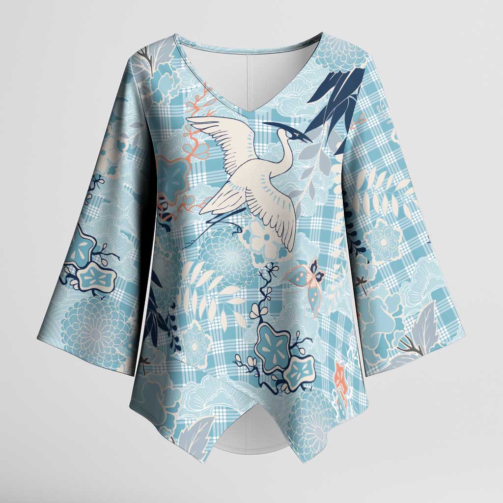 Blue Palaka Crane and Flowers Kimono Sleeve Blouse Japan Heritage Spirit - Polynesian Pride