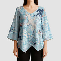 Blue Palaka Crane and Flowers Kimono Sleeve Blouse Japan Heritage Spirit - Polynesian Pride