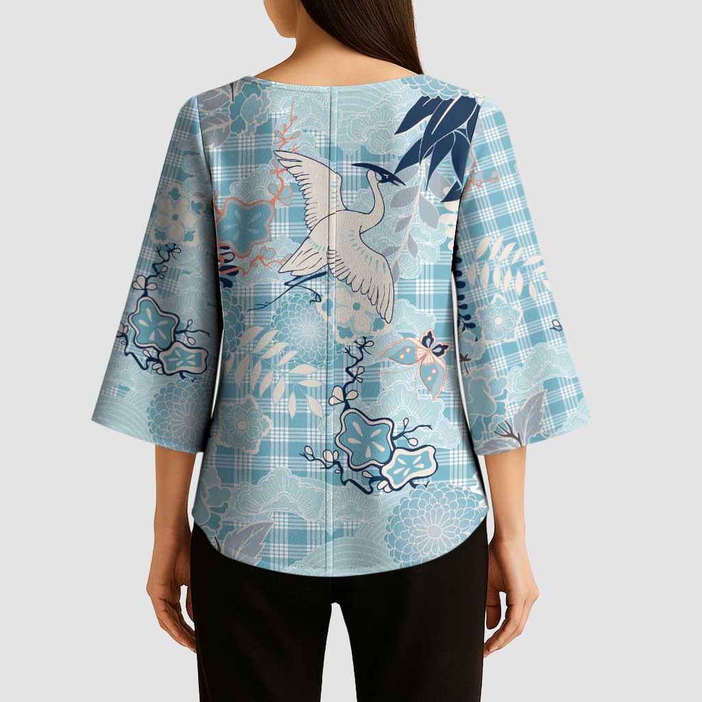 Blue Palaka Crane and Flowers Kimono Sleeve Blouse Japan Heritage Spirit - Polynesian Pride