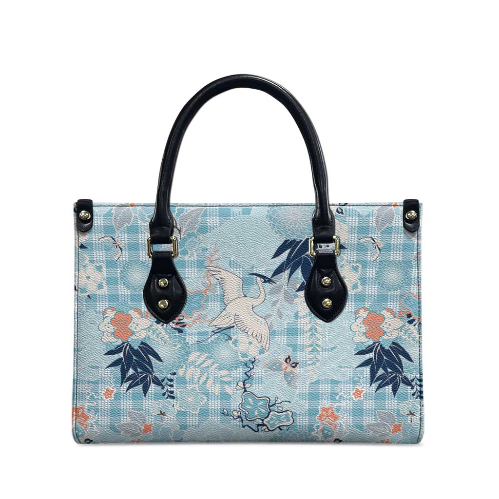 Blue Palaka Crane and Flowers Leather Bag Japan Heritage Spirit - Polynesian Pride