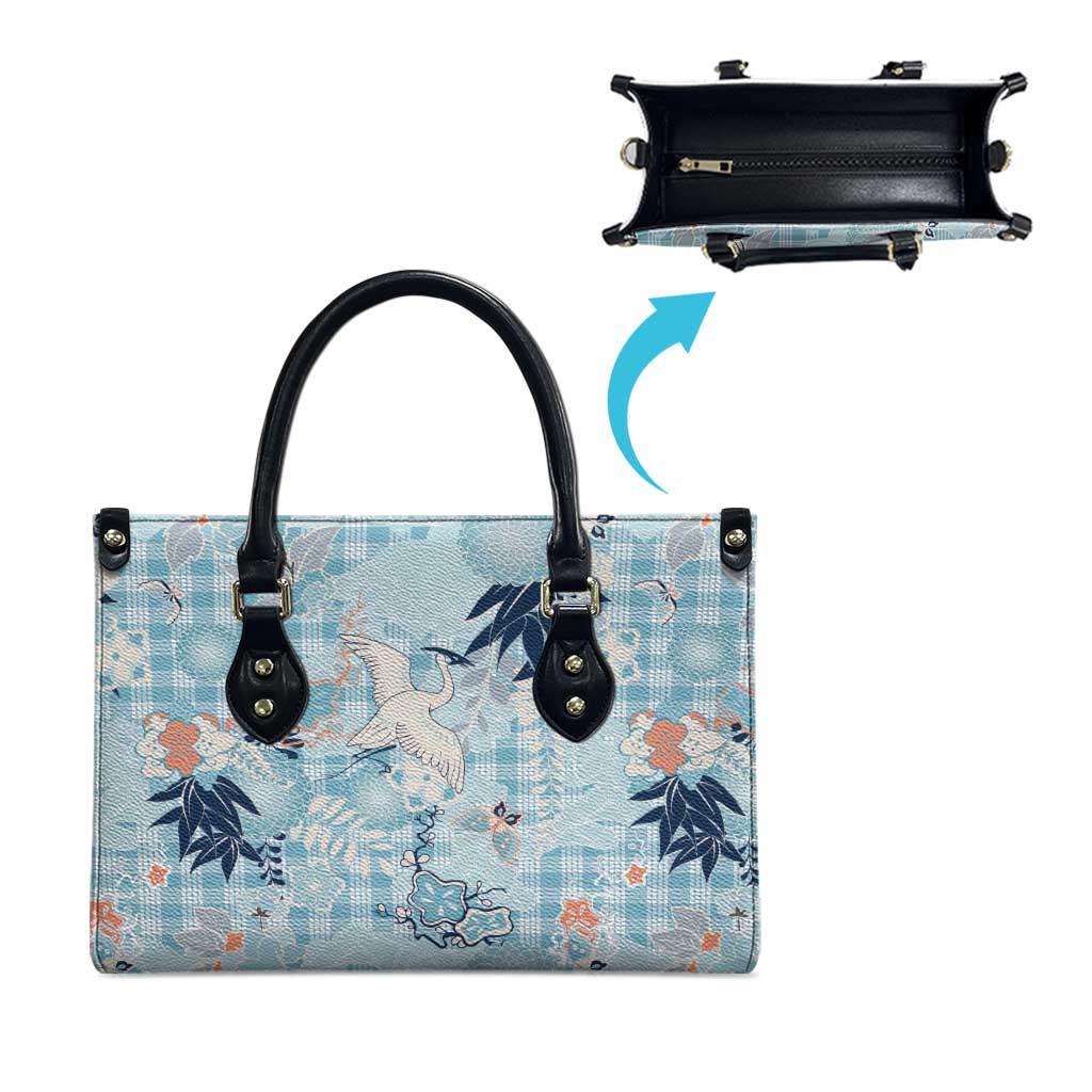 Blue Palaka Crane and Flowers Leather Bag Japan Heritage Spirit - Polynesian Pride