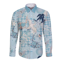 Blue Palaka Crane and Flowers Long Sleeve Button Shirt Japan Heritage Spirit - Polynesian Pride
