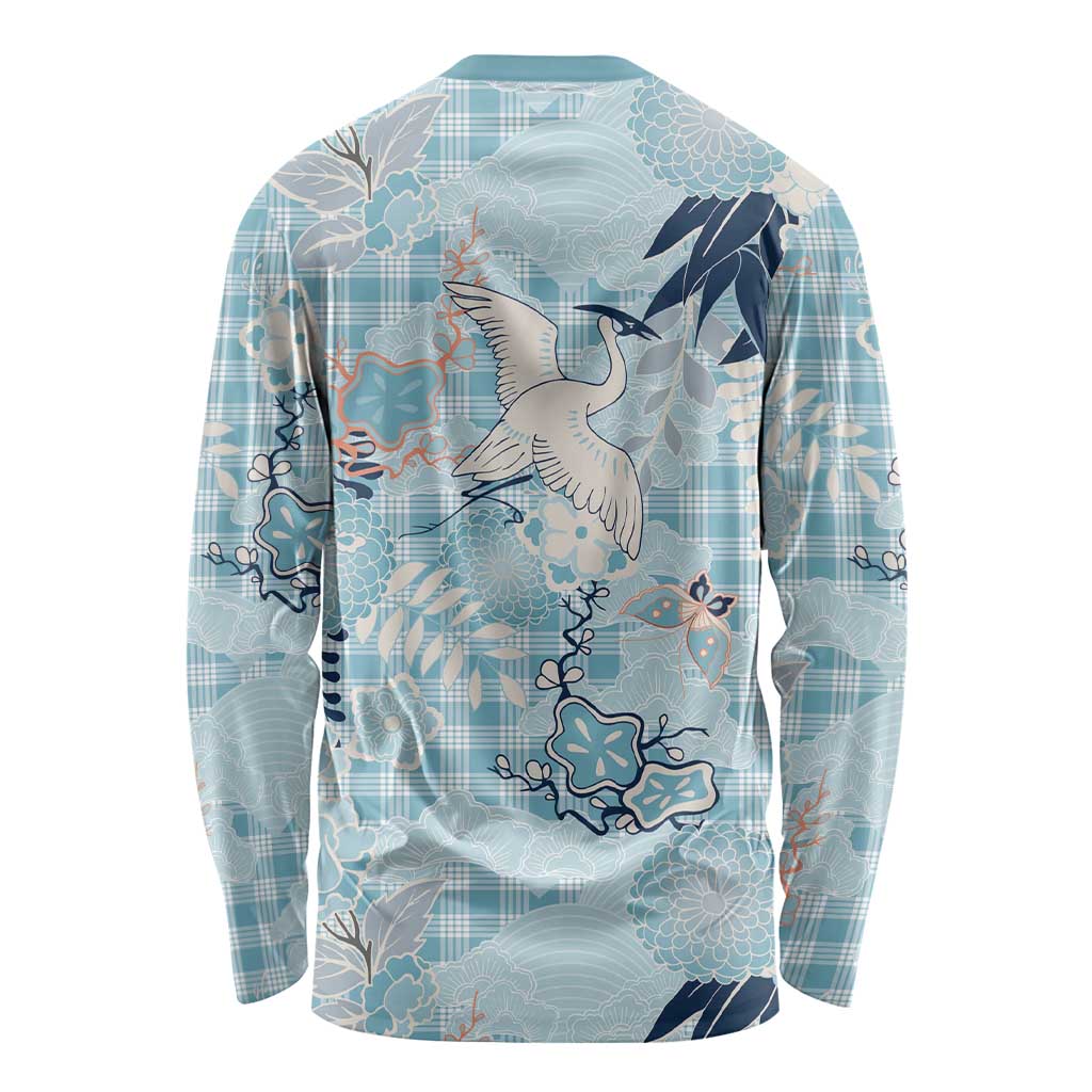 Blue Palaka Crane and Flowers Long Sleeve Shirt Japan Heritage Spirit - Polynesian Pride