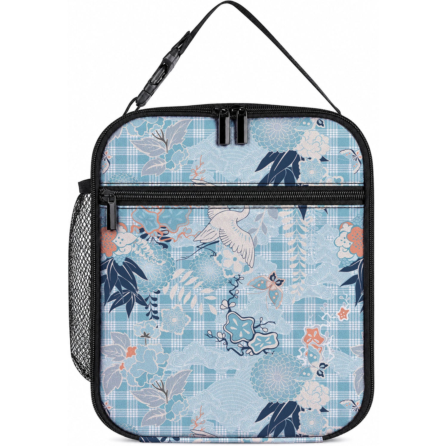 Blue Palaka Crane and Flowers Lunch Bag Japan Heritage Spirit LT9 10.2 × 8.3 × 4.3 inch Blue - Polynesian Pride