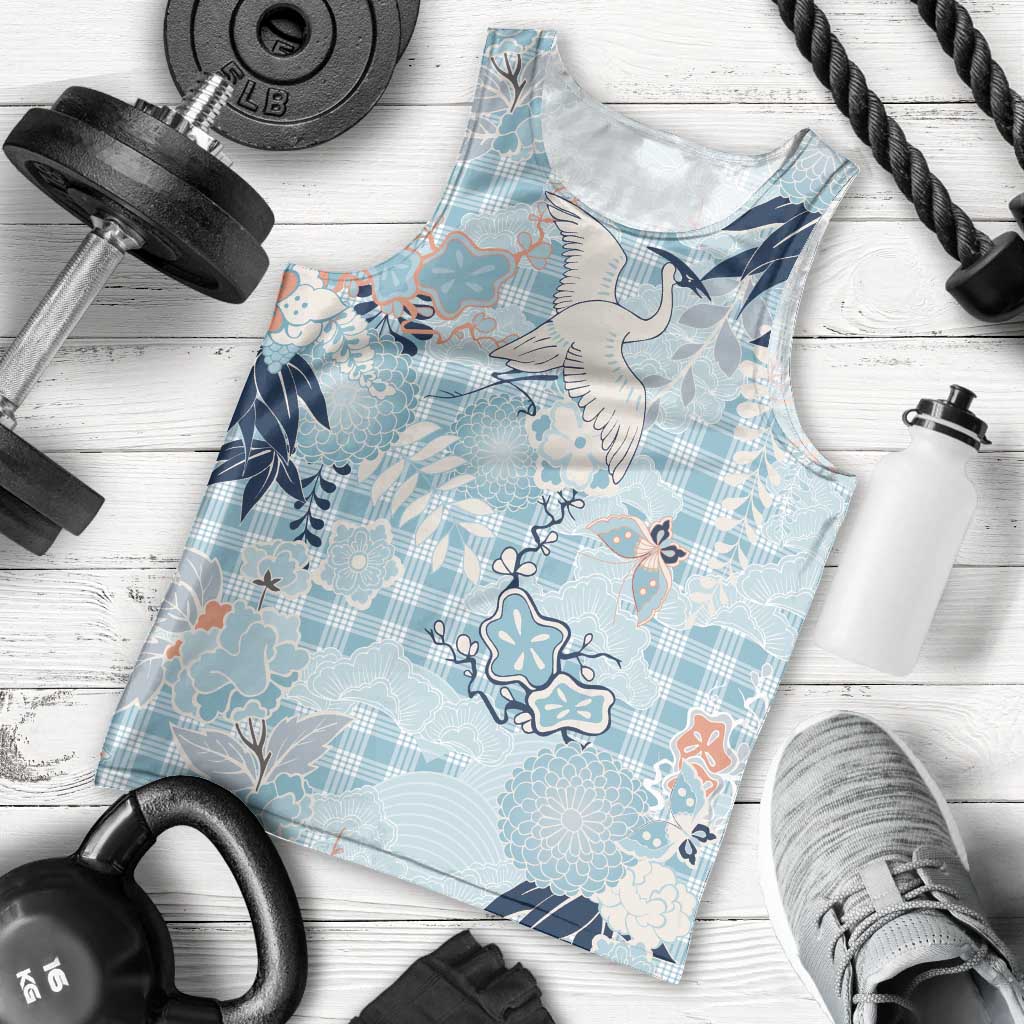 Blue Palaka Crane and Flowers Men Tank Top Japan Heritage Spirit - Polynesian Pride