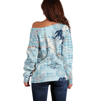 Blue Palaka Crane and Flowers Off Shoulder Sweater Japan Heritage Spirit - Polynesian Pride