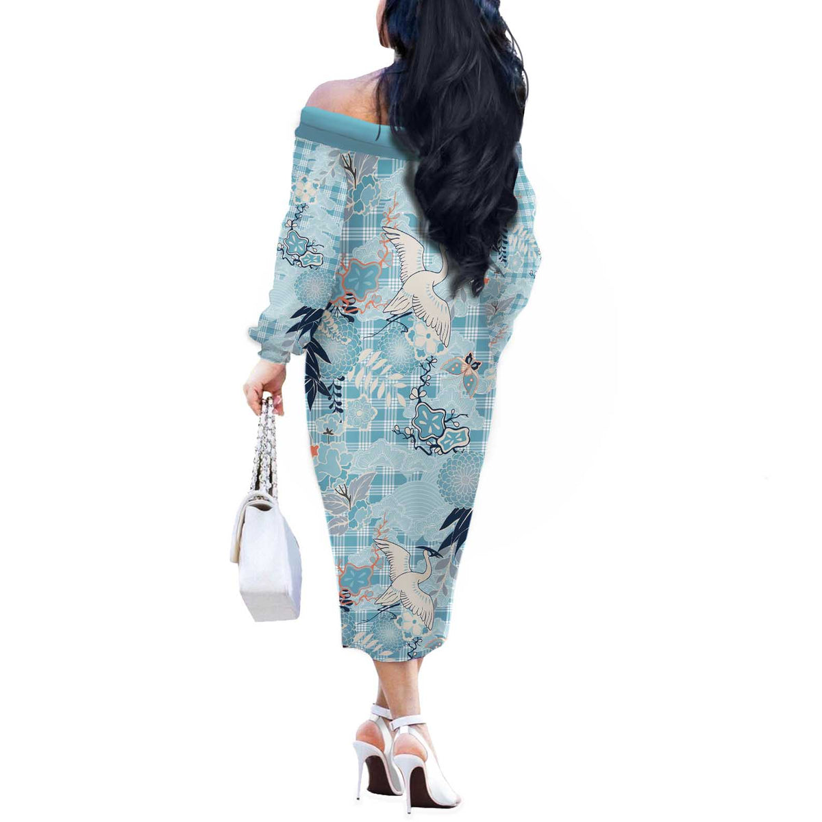 Blue Palaka Crane and Flowers Off The Shoulder Long Sleeve Dress Japan Heritage Spirit LT9 - Polynesian Pride