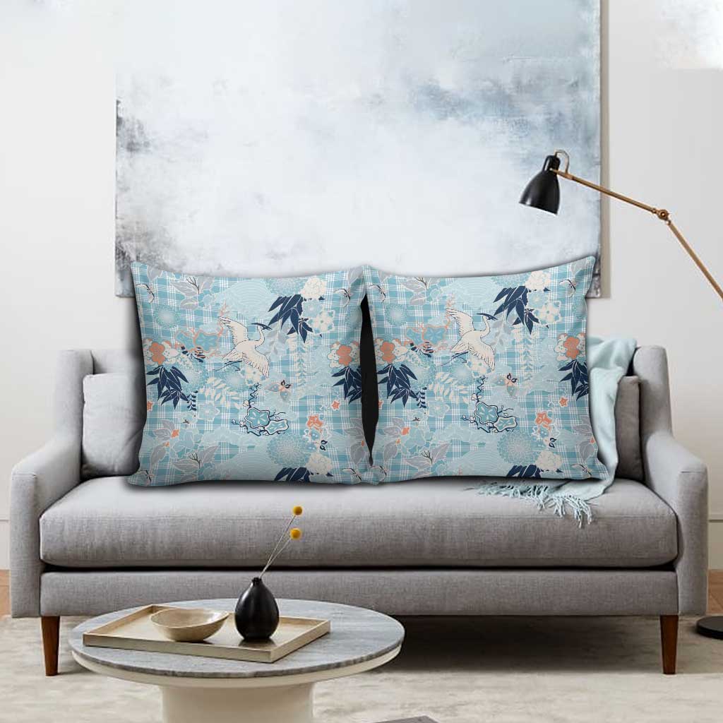 Blue Palaka Crane and Flowers Pillow Cover Japan Heritage Spirit LT9 - Polynesian Pride