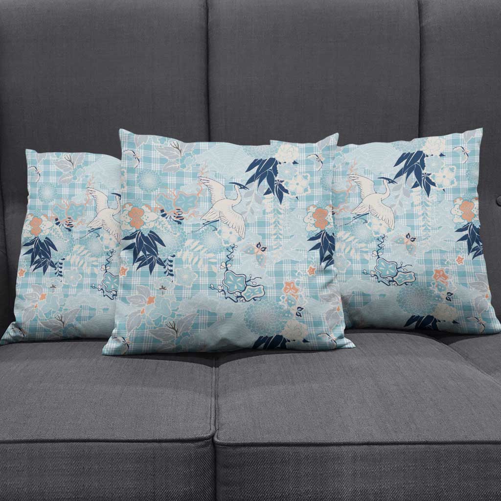 Blue Palaka Crane and Flowers Pillow Cover Japan Heritage Spirit LT9 - Polynesian Pride