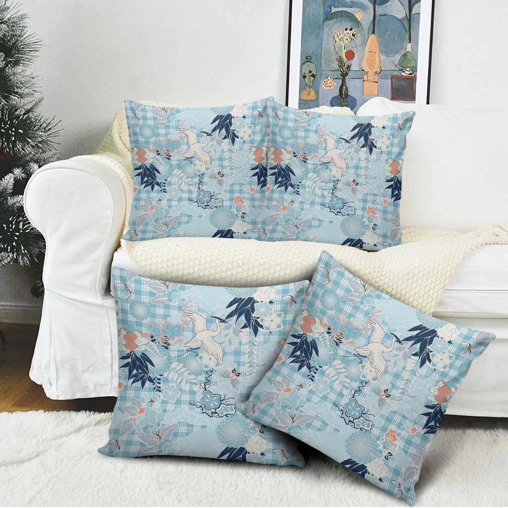 Blue Palaka Crane and Flowers Pillow Cover Japan Heritage Spirit LT9 - Polynesian Pride