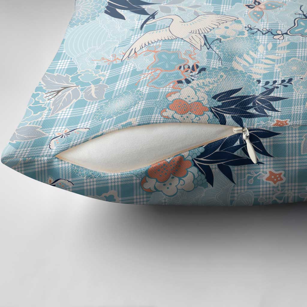 Blue Palaka Crane and Flowers Pillow Cover Japan Heritage Spirit LT9 - Polynesian Pride