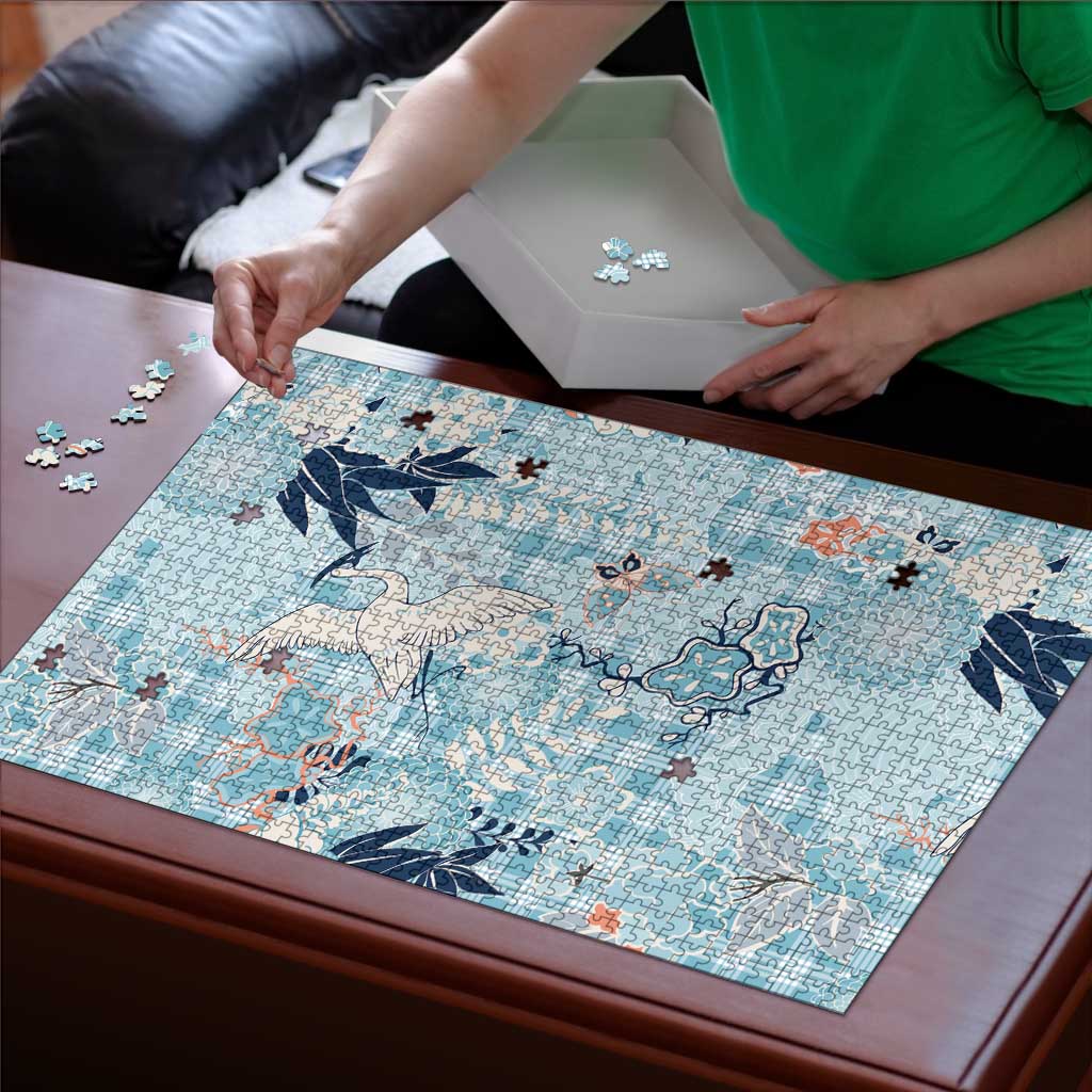 Blue Palaka Crane and Flowers Puzzle Japan Heritage Spirit - Polynesian Pride