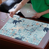 Blue Palaka Crane and Flowers Puzzle Japan Heritage Spirit - Polynesian Pride