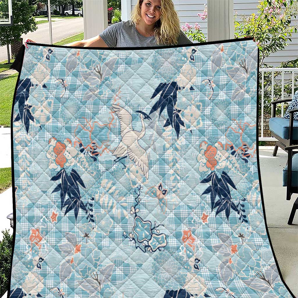 Blue Palaka Crane and Flowers Quilt Japan Heritage Spirit - Polynesian Pride