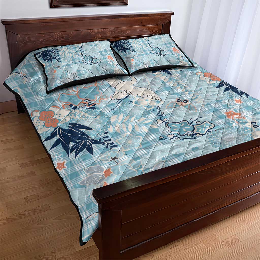 Blue Palaka Crane and Flowers Quilt Bed Set Japan Heritage Spirit - Polynesian Pride