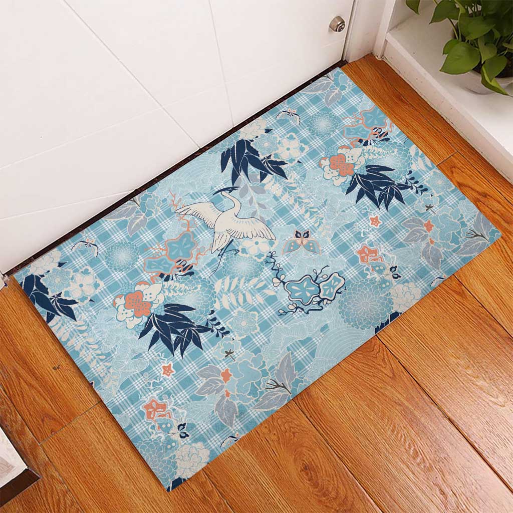 Blue Palaka Crane and Flowers Rubber Doormat Japan Heritage Spirit - Polynesian Pride
