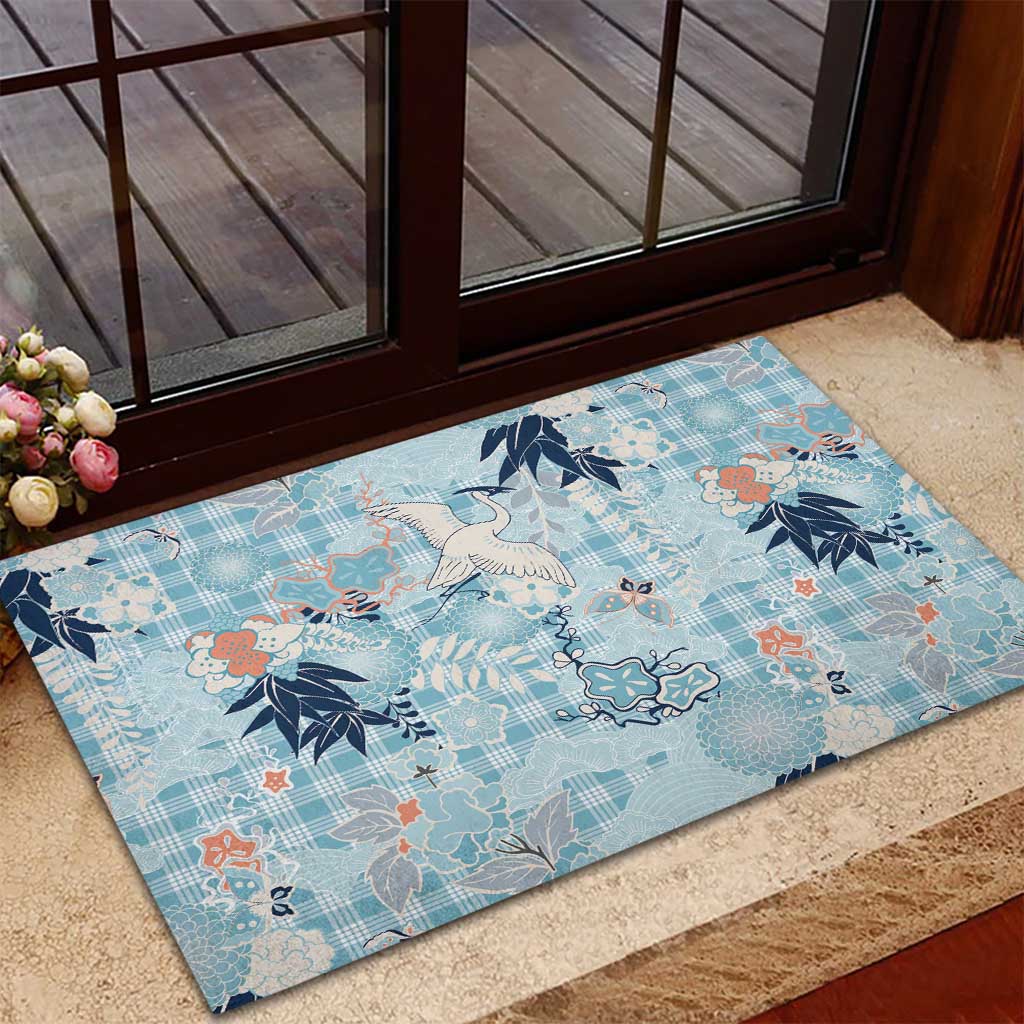 Blue Palaka Crane and Flowers Rubber Doormat Japan Heritage Spirit - Polynesian Pride