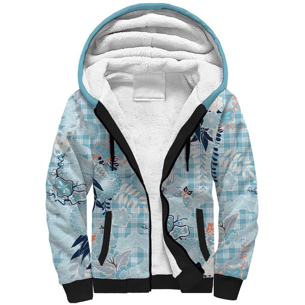 Blue Palaka Crane and Flowers Sherpa Hoodie Japan Heritage Spirit LT9 Unisex Blue - Polynesian Pride