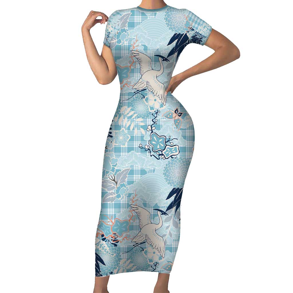 Blue Palaka Crane and Flowers Short Sleeve Bodycon Dress Japan Heritage Spirit - Polynesian Pride