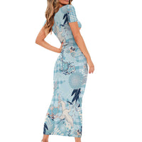 Blue Palaka Crane and Flowers Short Sleeve Bodycon Dress Japan Heritage Spirit LT9 - Polynesian Pride