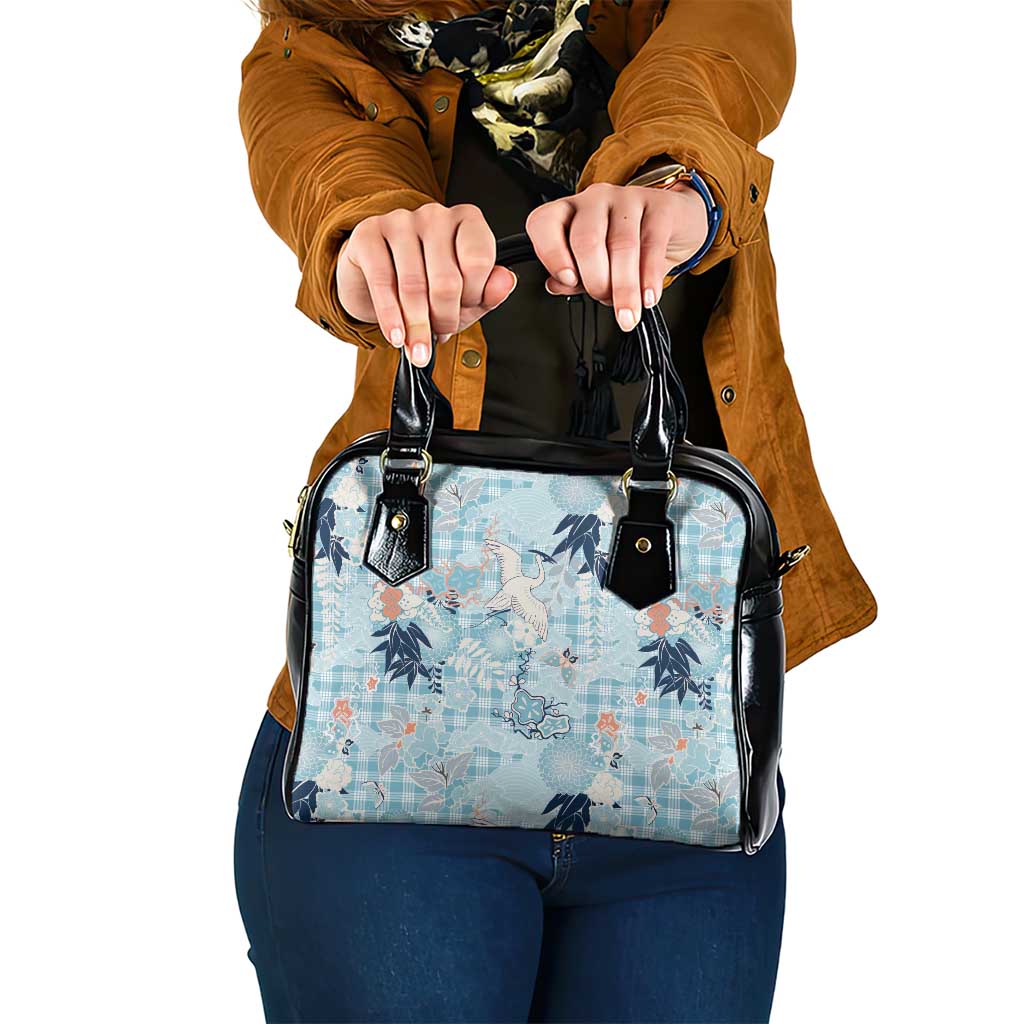 Blue Palaka Crane and Flowers Shoulder Handbag Japan Heritage Spirit LT9 One Size Blue - Polynesian Pride