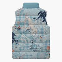 Blue Palaka Crane and Flowers Sleeveless Puffer Jacket Japan Heritage Spirit - Polynesian Pride
