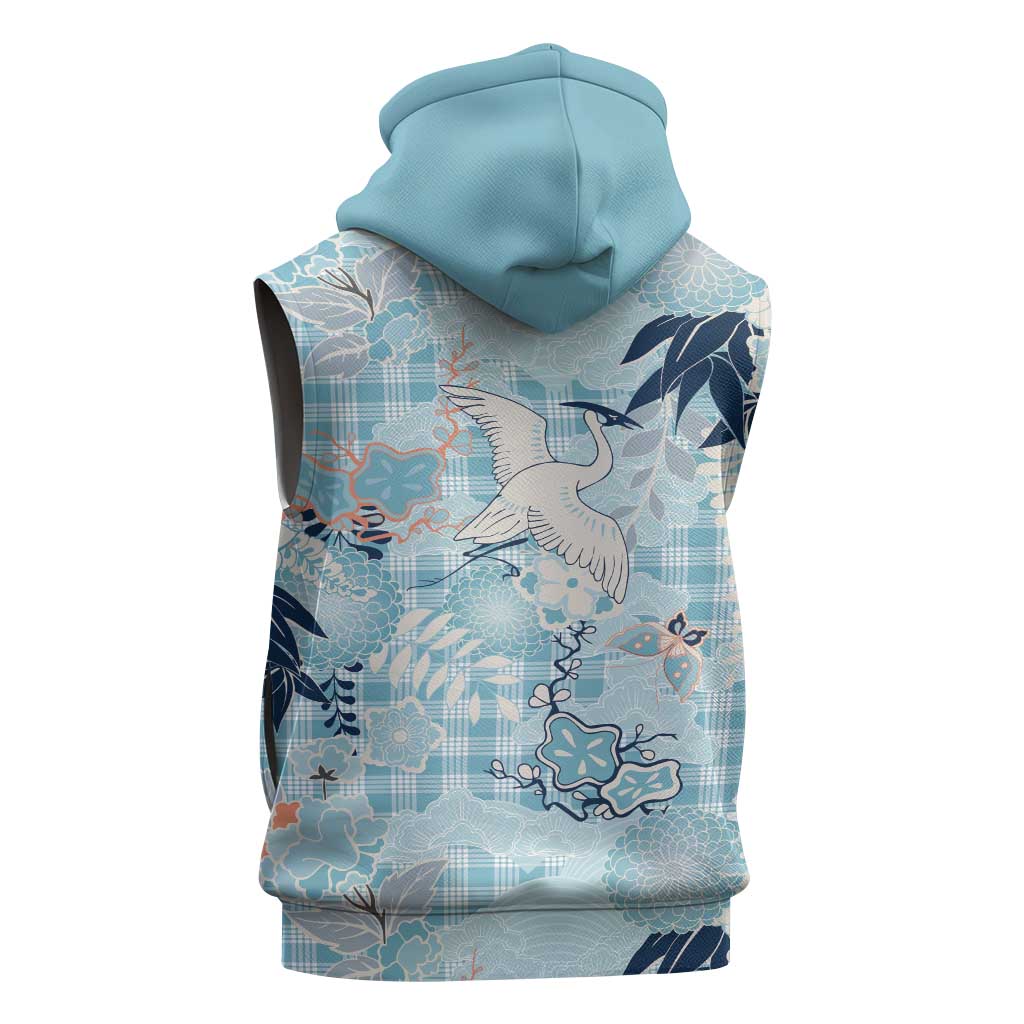 Blue Palaka Crane and Flowers Sleeveless Zip Hoodie Japan Heritage Spirit LT9 - Polynesian Pride