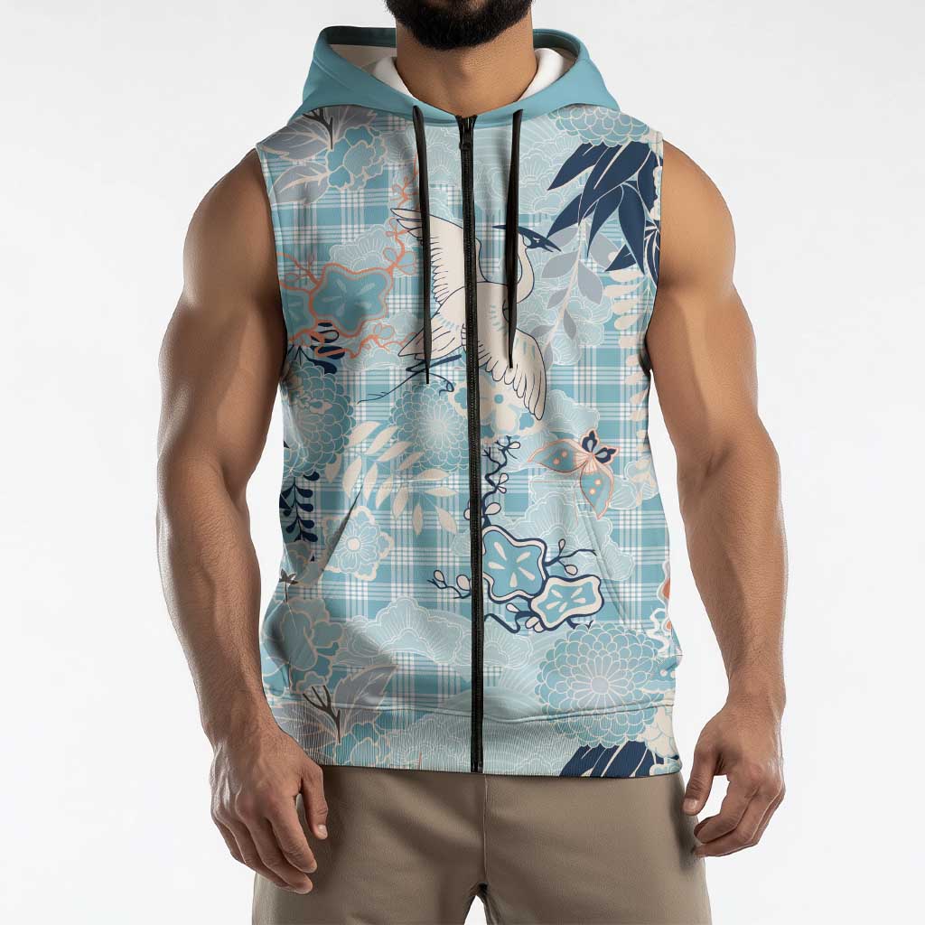 Blue Palaka Crane and Flowers Sleeveless Zip Hoodie Japan Heritage Spirit LT9 - Polynesian Pride