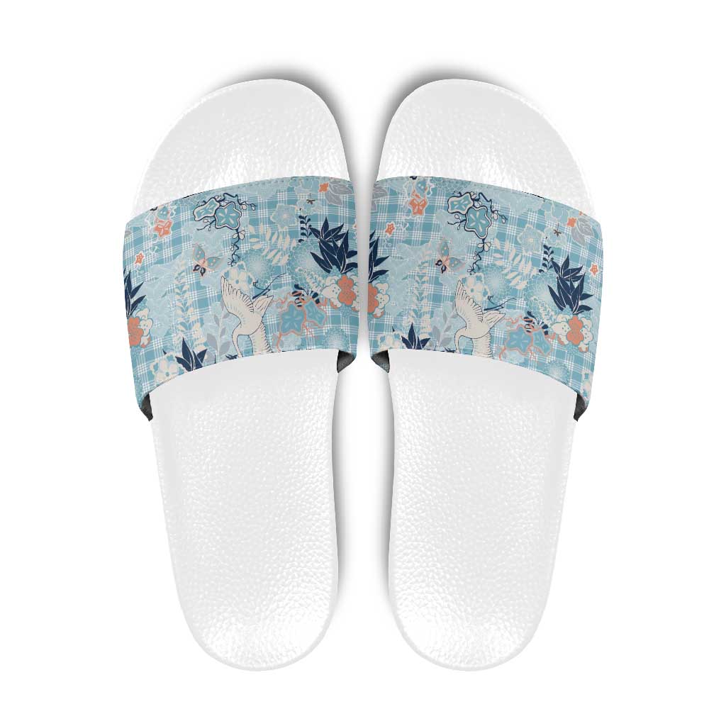 Blue Palaka Crane and Flowers Slide Sandals Japan Heritage Spirit - Polynesian Pride