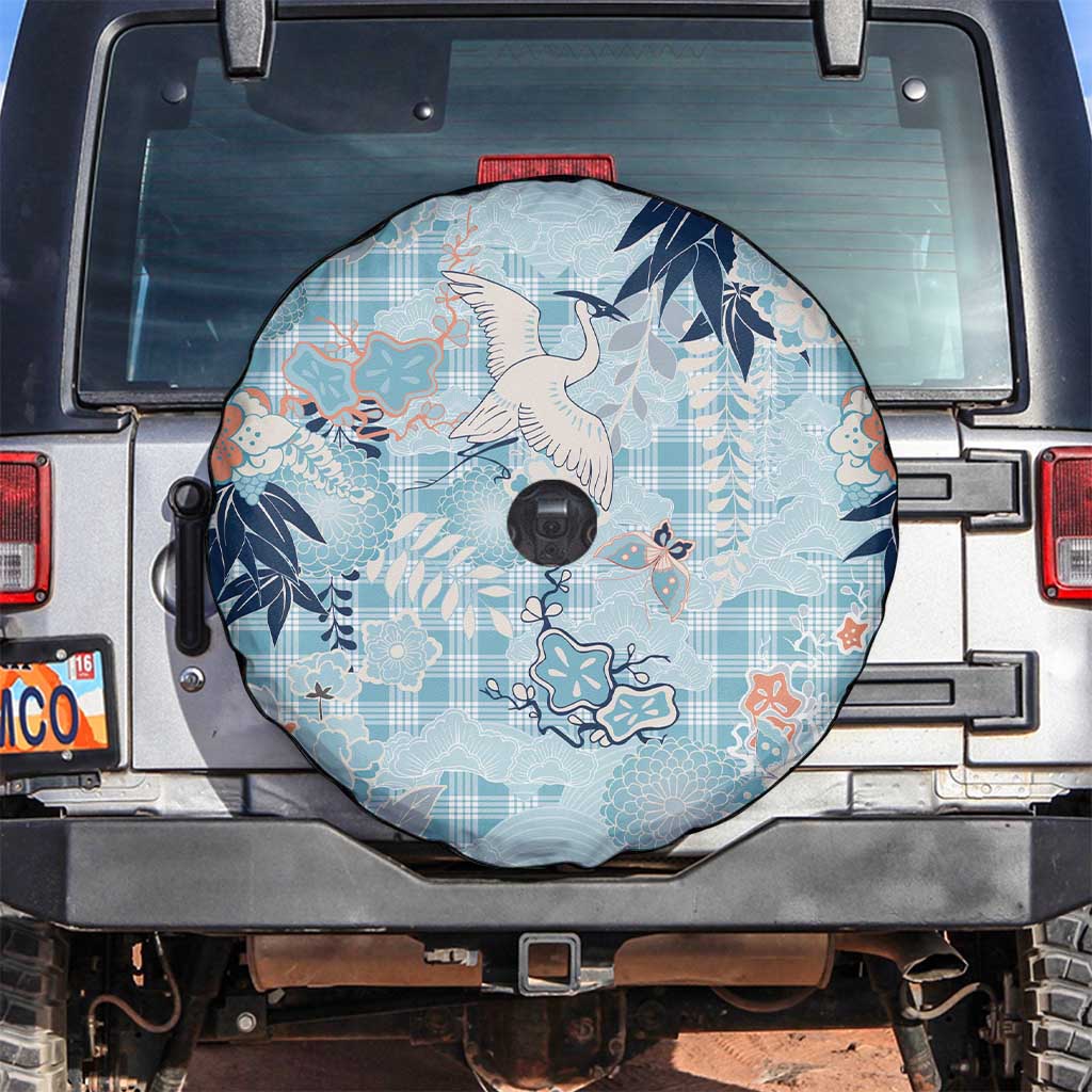 Blue Palaka Crane and Flowers Spare Tire Cover Japan Heritage Spirit - Polynesian Pride
