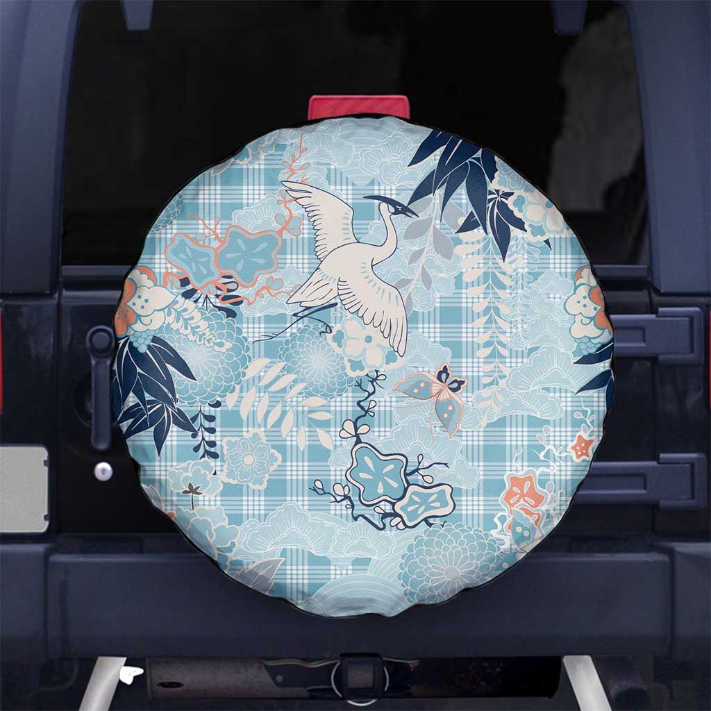Blue Palaka Crane and Flowers Spare Tire Cover Japan Heritage Spirit LT9 No hole Blue - Polynesian Pride