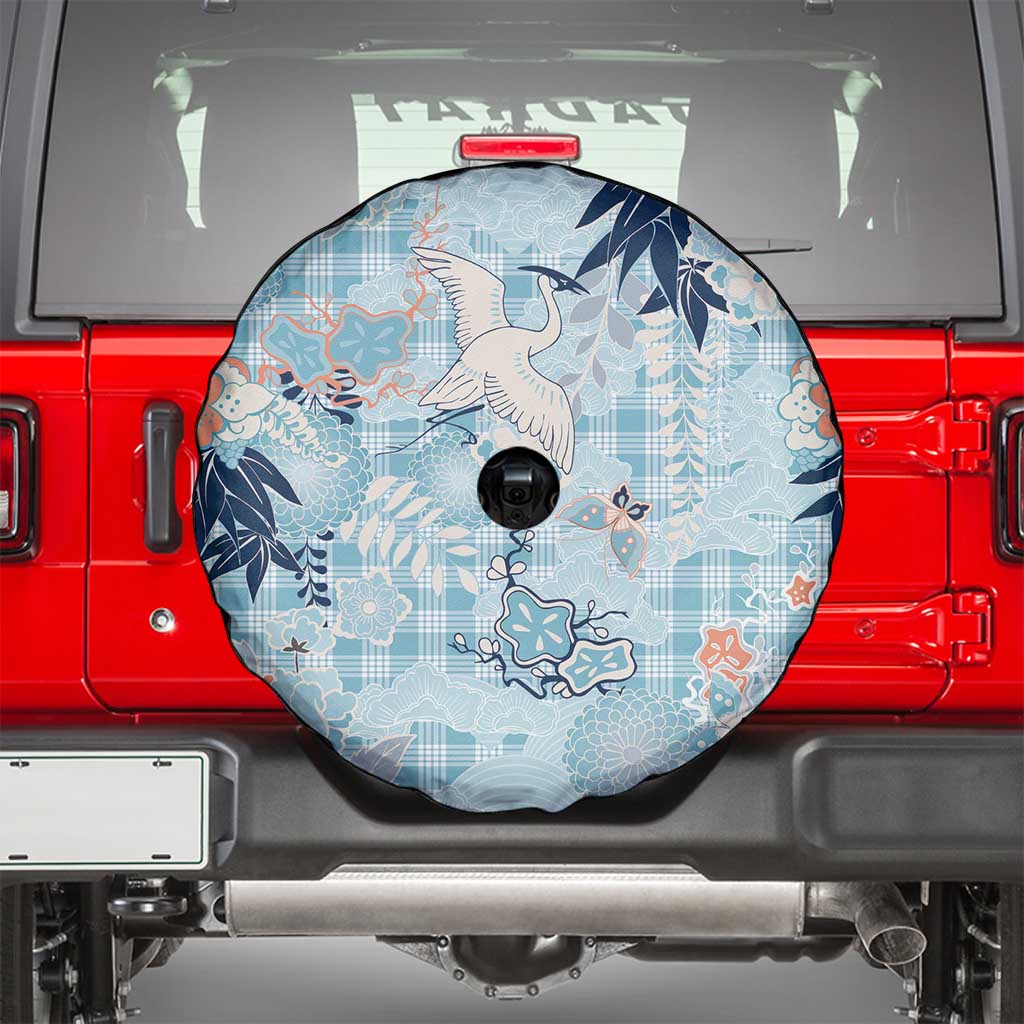 Blue Palaka Crane and Flowers Spare Tire Cover Japan Heritage Spirit LT9 - Polynesian Pride
