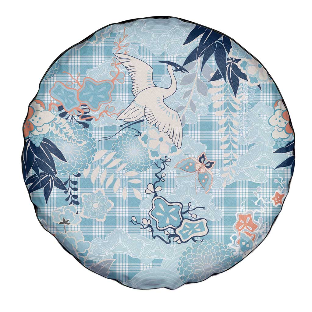 Blue Palaka Crane and Flowers Spare Tire Cover Japan Heritage Spirit LT9 - Polynesian Pride