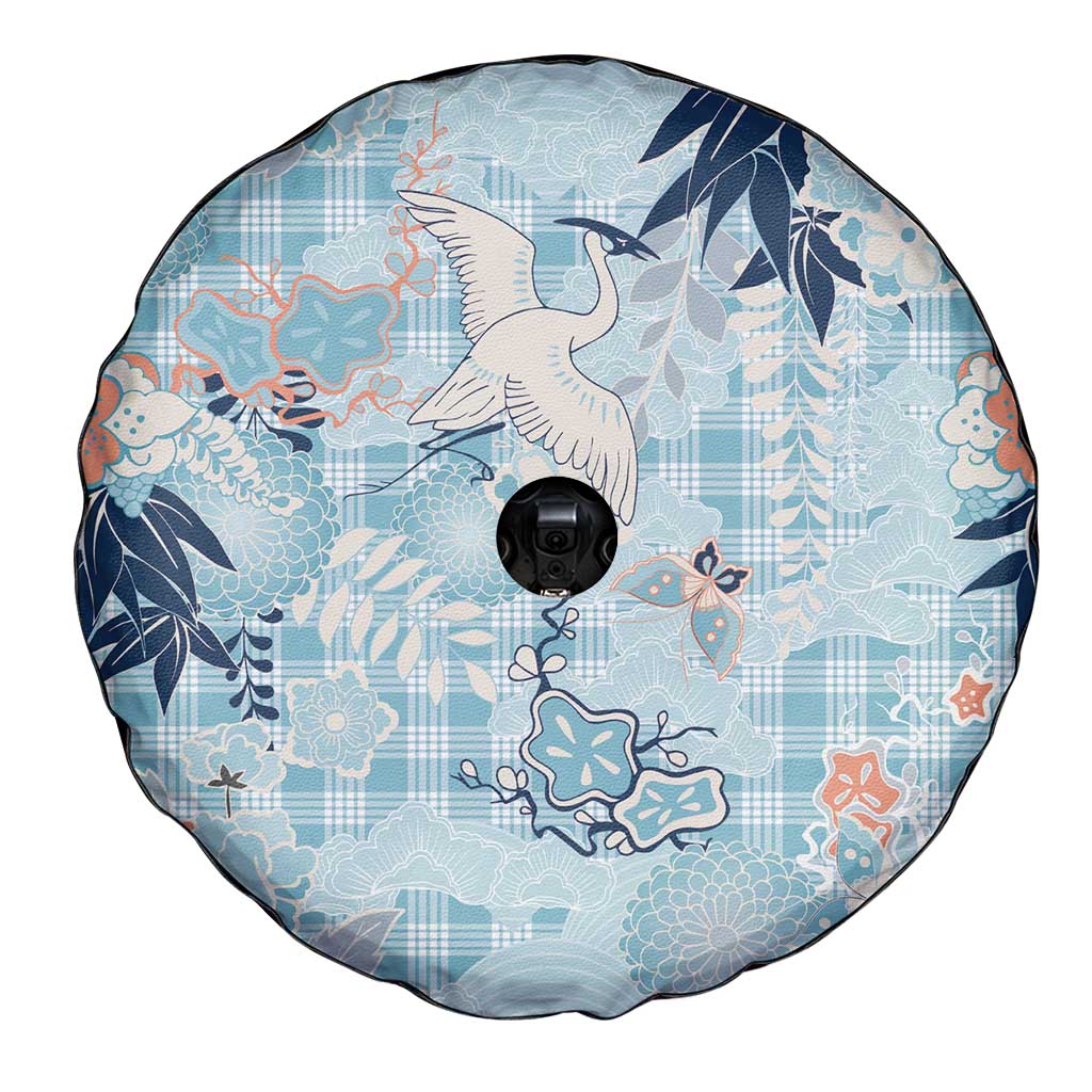 Blue Palaka Crane and Flowers Spare Tire Cover Japan Heritage Spirit LT9 - Polynesian Pride