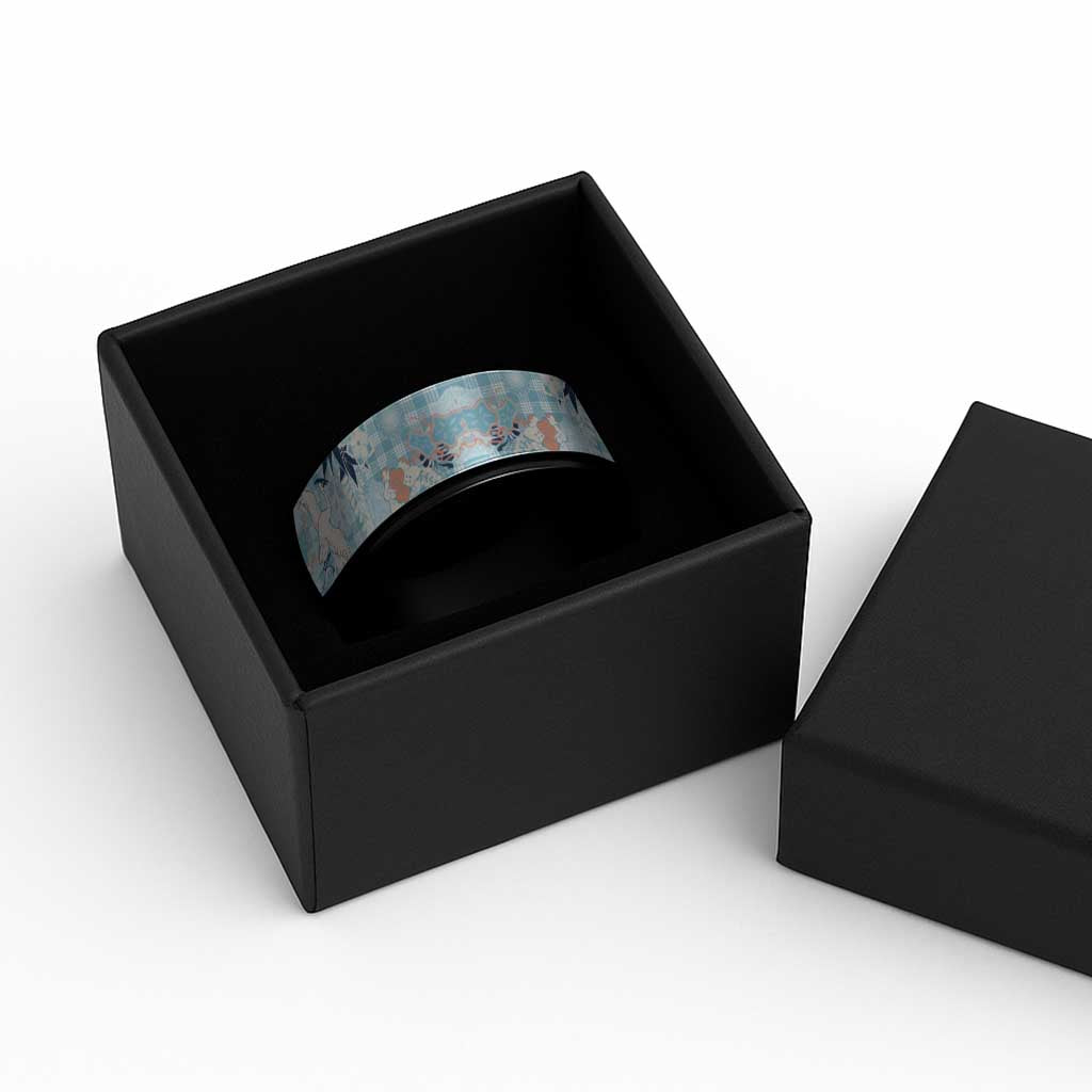 Blue Palaka Crane and Flowers Spinner Ring Japan Heritage Spirit - Polynesian Pride