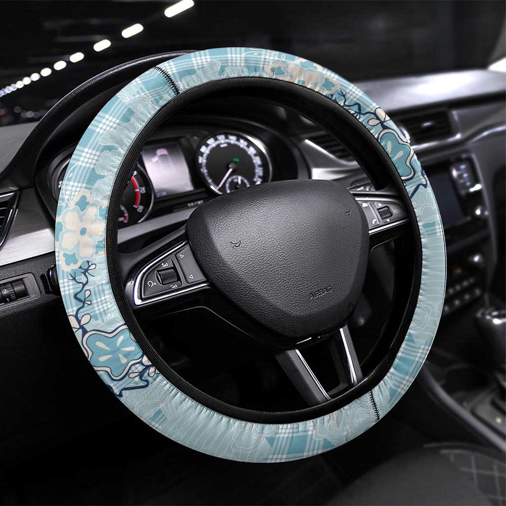 Blue Palaka Crane and Flowers Steering Wheel Cover Japan Heritage Spirit - Polynesian Pride