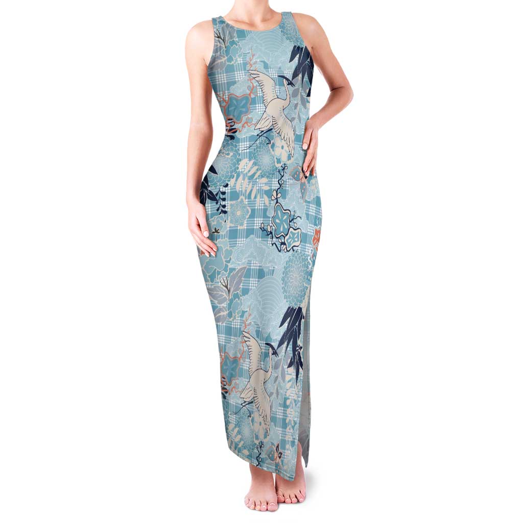 Blue Palaka Crane and Flowers Tank Maxi Dress Japan Heritage Spirit LT9 Women Blue - Polynesian Pride