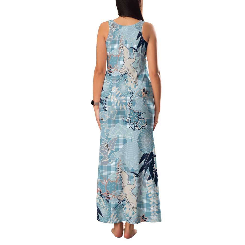Blue Palaka Crane and Flowers Tank Maxi Dress Japan Heritage Spirit LT9 - Polynesian Pride