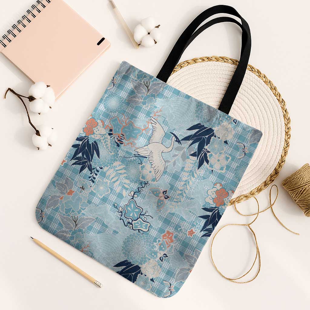 Blue Palaka Crane and Flowers Tote Bag Japan Heritage Spirit - Polynesian Pride