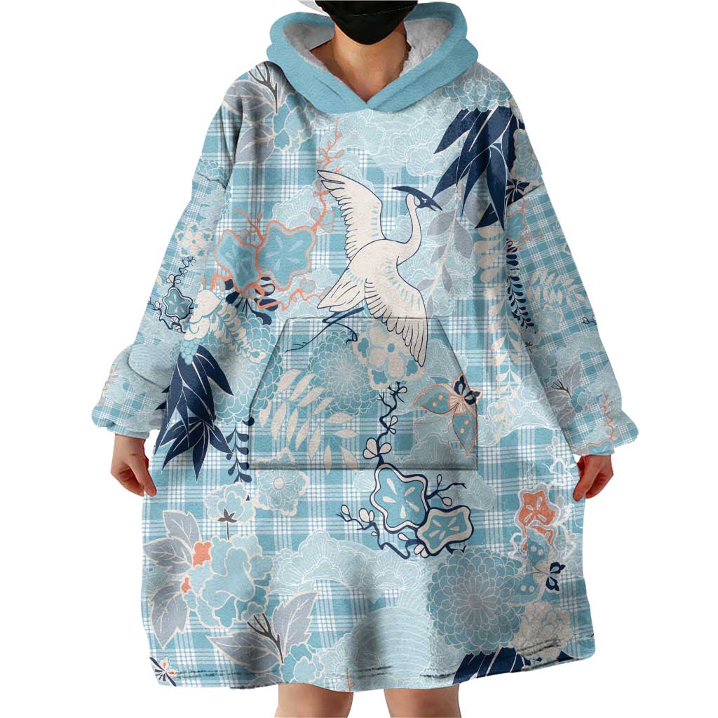 Blue Palaka Crane and Flowers Wearable Blanket Hoodie Japan Heritage Spirit LT9 - Polynesian Pride