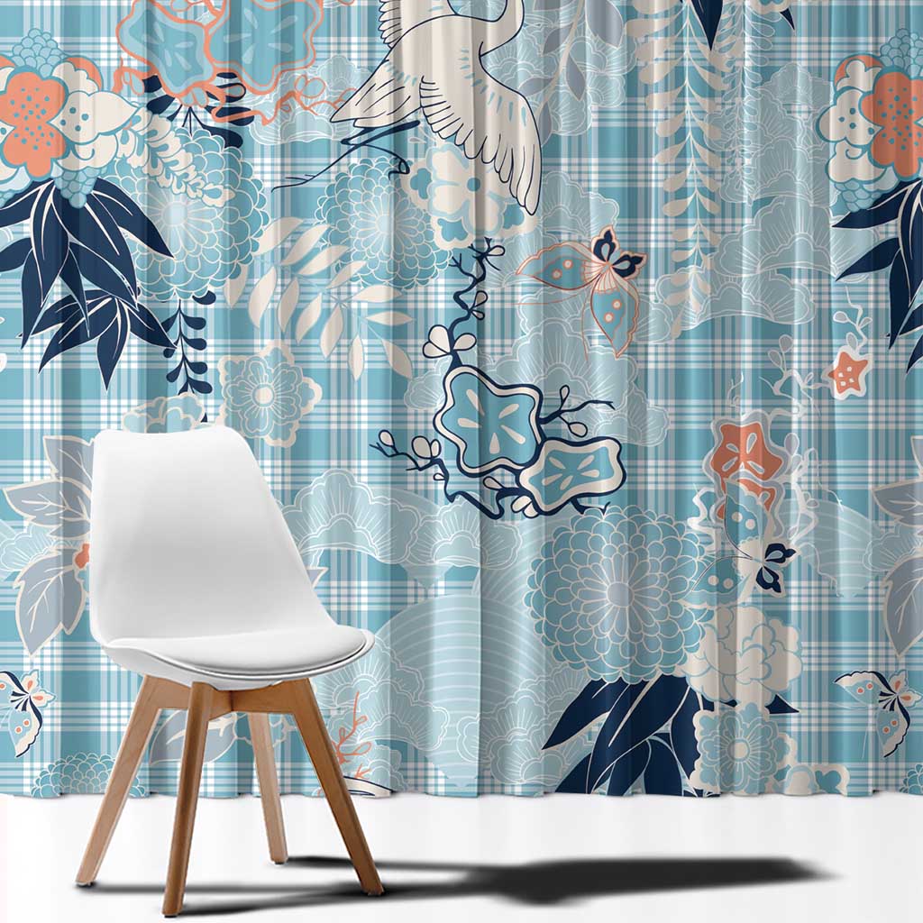 Blue Palaka Crane and Flowers Window Curtain Japan Heritage Spirit - Polynesian Pride