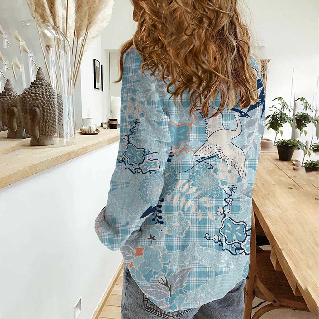Blue Palaka Crane and Flowers Women Casual Shirt Japan Heritage Spirit LT9 - Polynesian Pride