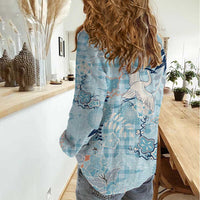 Blue Palaka Crane and Flowers Women Casual Shirt Japan Heritage Spirit LT9 - Polynesian Pride