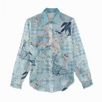 Blue Palaka Crane and Flowers Women Casual Shirt Japan Heritage Spirit LT9 - Polynesian Pride