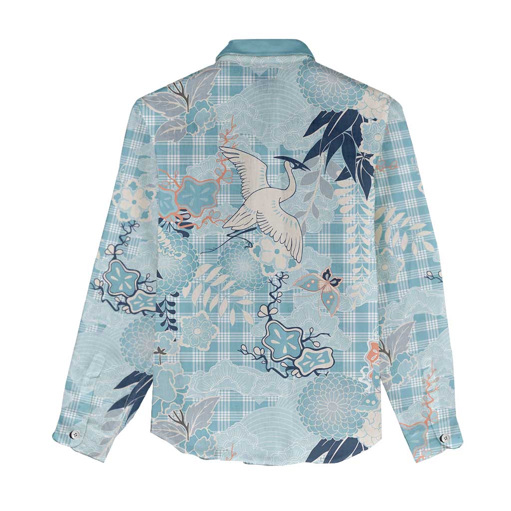 Blue Palaka Crane and Flowers Women Casual Shirt Japan Heritage Spirit LT9 - Polynesian Pride