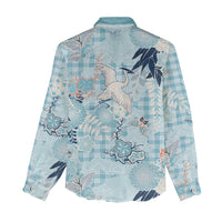 Blue Palaka Crane and Flowers Women Casual Shirt Japan Heritage Spirit LT9 - Polynesian Pride